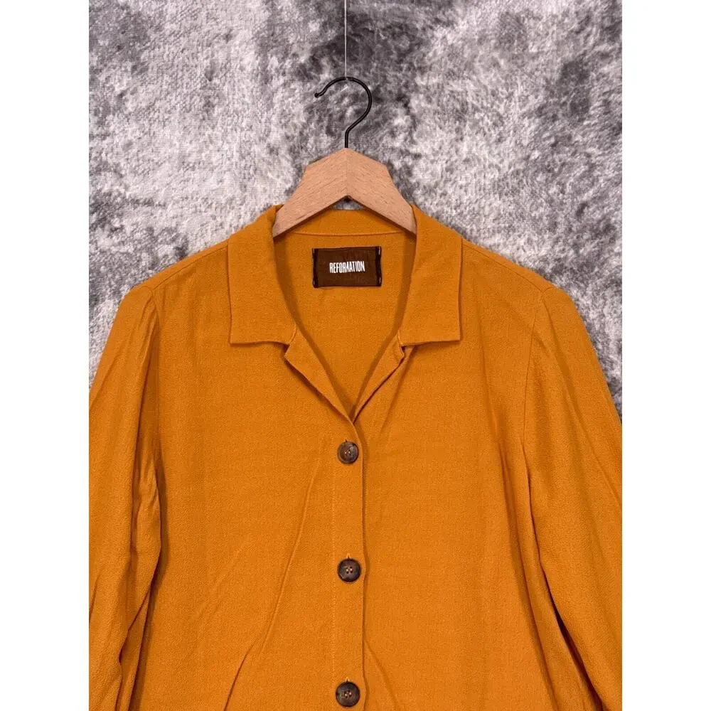 Reformation Shirt Small Womens Gold Crepe Long Sleeve Button Up Top